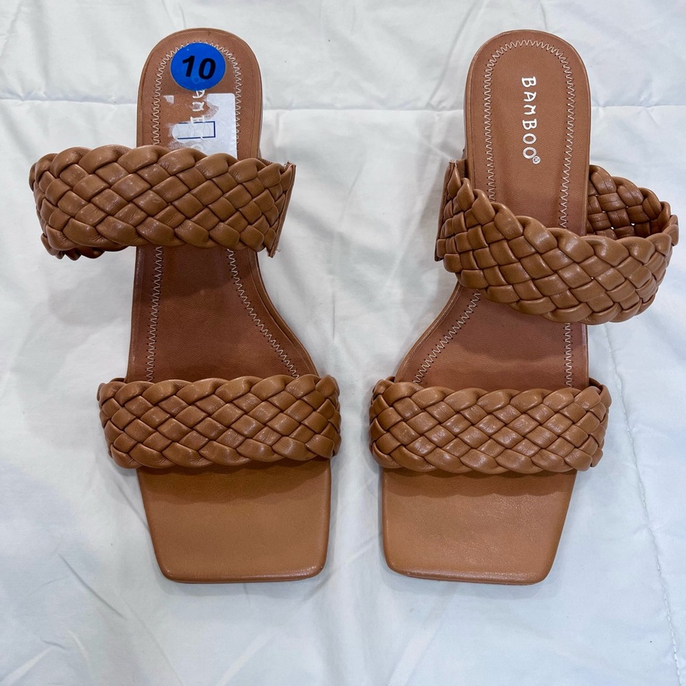 Womens Tan Braided Strappy Square Open Toe Slip On Chunky Heeled Sandals Size 10 - Picture 3 of 12